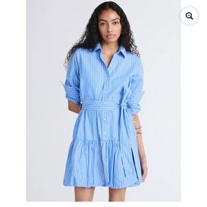 Nwt Free Assembly Cotton Dress Mini Bubble Hem Belted Long Sleeves Dress Xs Blue